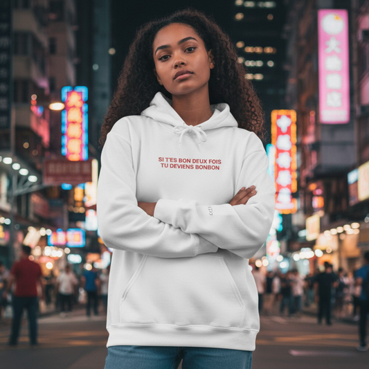 MESSAGES BONBON Embroidered Lyric Hoodie – LA MAISON (White/Navy)